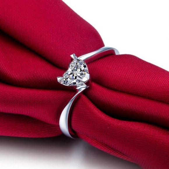 Heart Shaped CZ Bypass Solitaire Ring Silver Tone - Picture 2 of 4